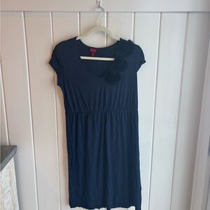 Navy Blue Short Sleeve Dress with Floral Detail